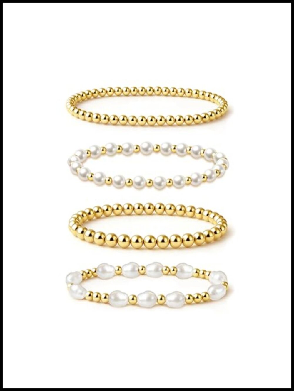Gold Plated Beaded Bracelet Stack Set with Pearl Accents, Layering Bracelets